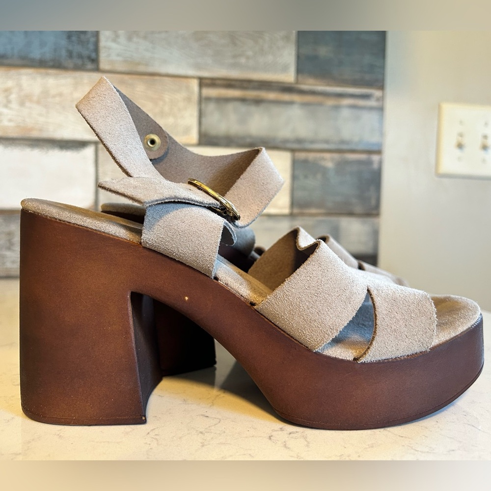BioNatura Suede Leather Platform Heeled Sandals in Taupe Size 9/40 - Picture 2 of 12